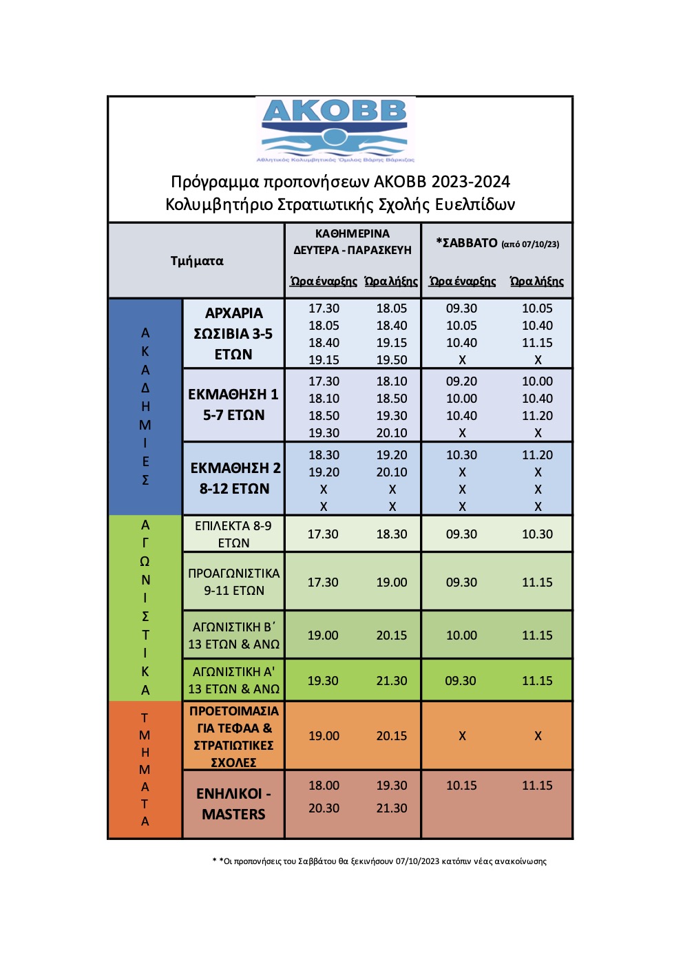 Νέο πρόγραμμα προπονήσεων 2023-24